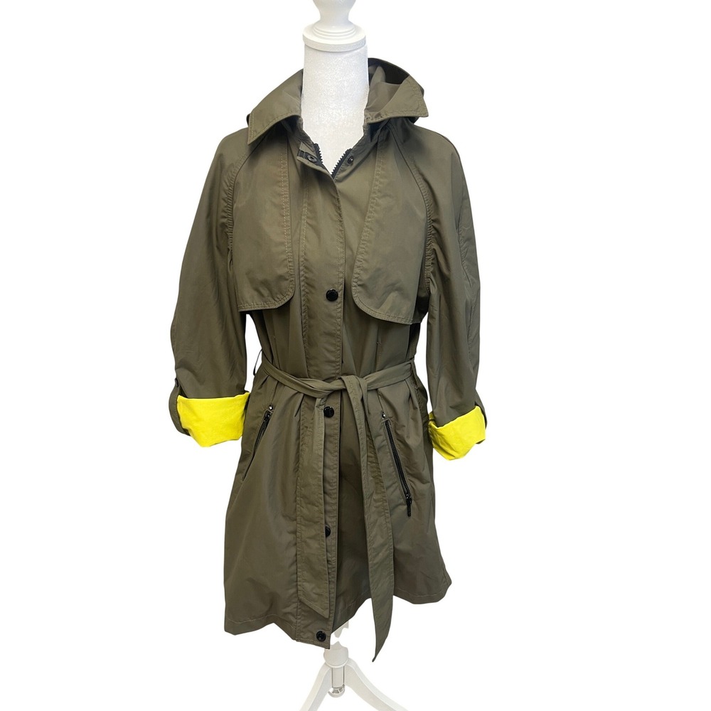 Laundry Trench Coat Olive Neon Yellow Hooded Belted Sz M Utility Gorpcore Modern